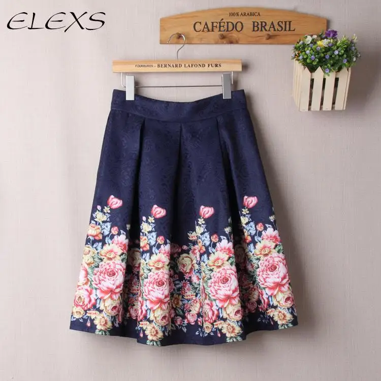 

ELEXS 2017 Midi Skirt High Waist A Line Skirt Women Vintage Floral Print Skirt Ball Gown Skirt for Spring Summer Autumn E7807