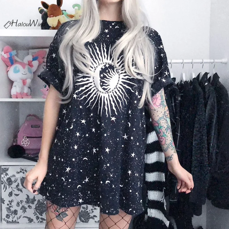 

2019 Street Wear Black Style Sun Print T Shirt Dress Short Sleeve Casual Dot Summer Mini Dress Oversized Vestido Ropa Mujer