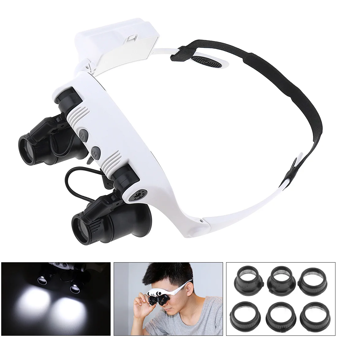 10X 15X 20X 25X Adjustable Headband Magnifier Eyeglass Magnifying Glass Tool with LED Light and 8 Lens for Jewel Repair