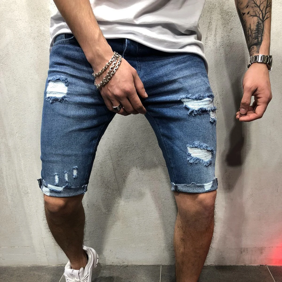 New Summer Denim Shorts Men Cotton Solid Straight Male Blue Short Hole 