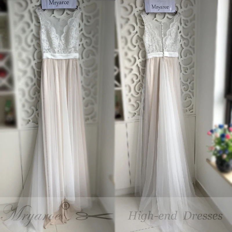 2017 Beach Wedding Dresses Illusion Neckline Lace Appliques Sleeveless Flowy Tulle Summer Wedding Dress Bridal Gowns With Button (3)