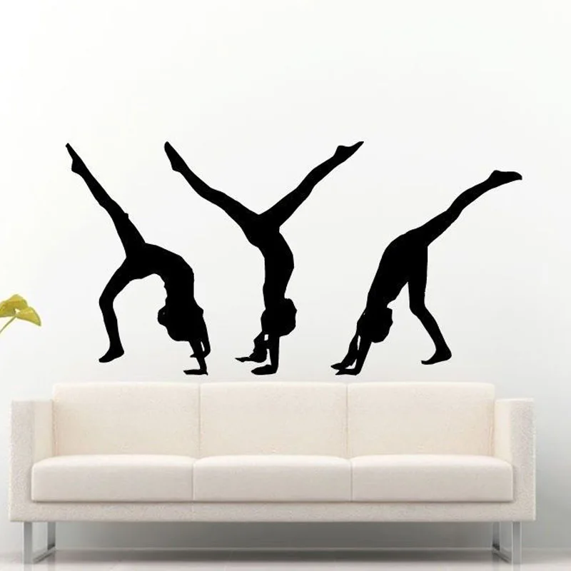 Three Gymnast Fitness Girls Silhouette Wall Stickers for Gym Background