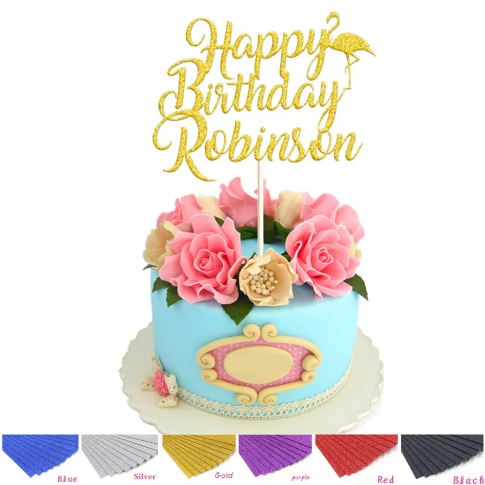 Personalised Custom Glitter Cake Topper Flamingo Girls Kids Children Birthday 