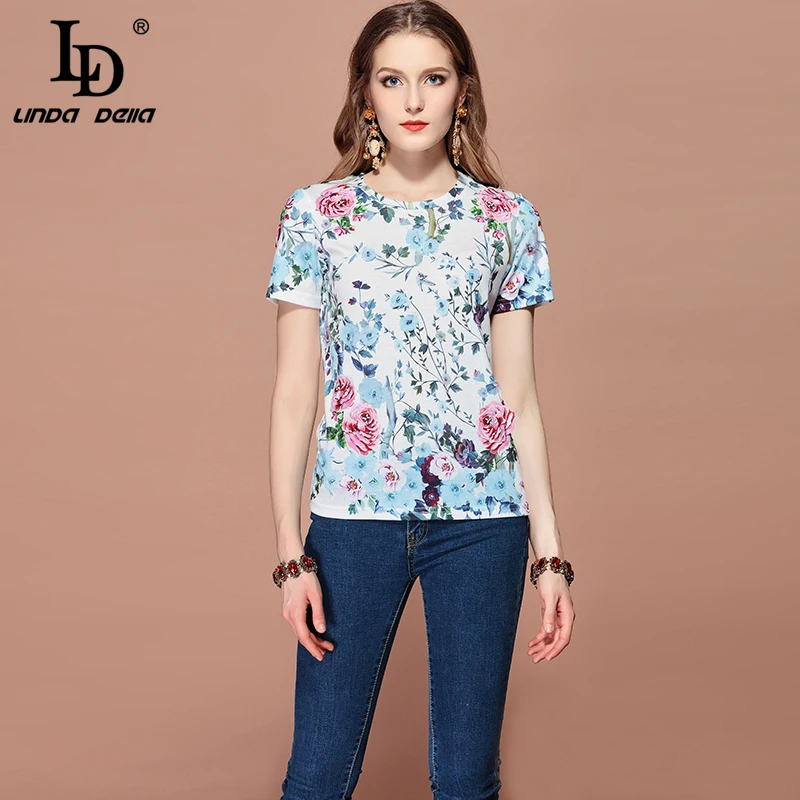 

LD LINDA DELLA 2019 Fashion Runway Summer T shirt Women's Short Sleeve Casual Elegant Floral Print Appliques Tops Tees