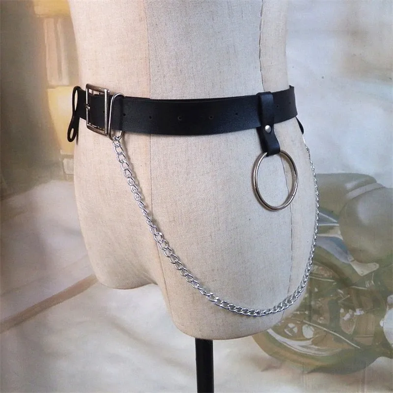 Женский готический панк пояс-цепочка на талию металлическое кольцо дизайн серебряная пряжка кожаный черный пояс Джинсы поясные ремни