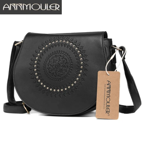 Mulheres do Vintage Bolsa de Ombro Floral em Relevo pu de Couro das Mulheres Bag para Meninas Annmouler Crossbody Bag do Vintage Rebite Messenger Pequena Bolsa