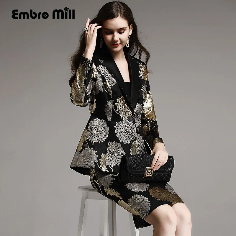 

Embro Mill autumn women 2 pieces set vintage floral loose beading coat Tops+Jacquard skirts elegant lady suit female M-XXL