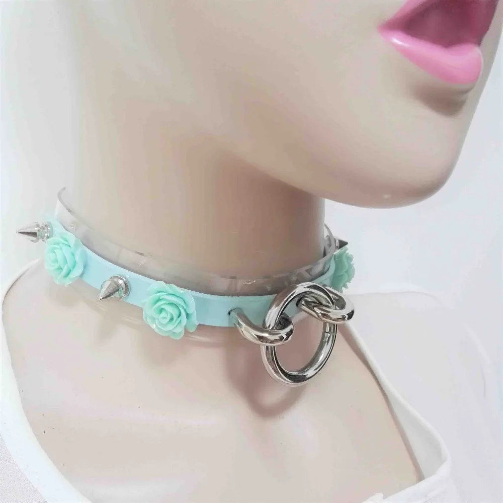Harajuku Leather Punk Choker Necklace Flower O-Round Rivets Collar Handmade