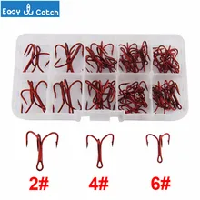Easy Catch 35647 High Carbon Steel Treble Fishing Hooks Sea Fishing Red Round Bent Triple Bait Fishhook Set Box Size 2# 4# 6#