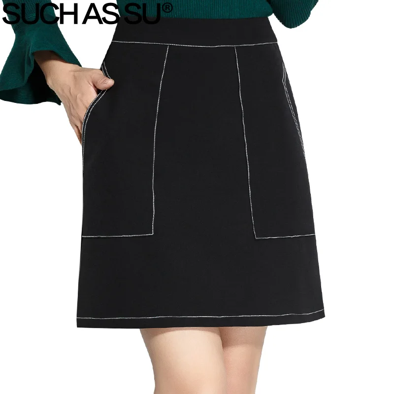 

SUCH AS SU New Autumn Winter Black Mini Skirt Women 2018 Large Pocket High Waist Short Skirt S-3XL Casual Female A Line Skirt