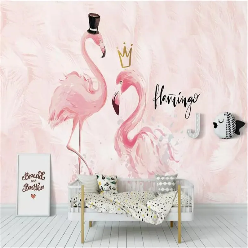 Pink couple flamingo children's room background wall professionally made murals, wallpaper wholesale, custom poster photo wall Pink couple flamingo children's room background wall professionally made murals, wallpaper wholesale, custom poster photo wall