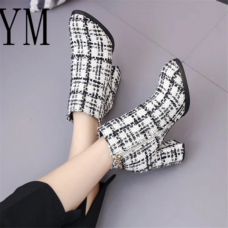 

2018 Spring Autumn Stiletto Square High Heels Pointed Toe Faux Leather Zipper Style Sexy Ankle Womens Boots Bota Feminina