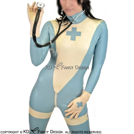 

Lake Blue With White Cross Sexy Latex Catsuit With Gloves Back To Crotch Zip Rubber Bodysuit Zentai Overall LTY-0066