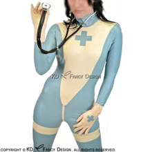 Lake Blue With White Cross Sexy Latex Catsuit With Gloves Back To Crotch Zip Rubber Bodysuit Zentai Overall LTY-0066