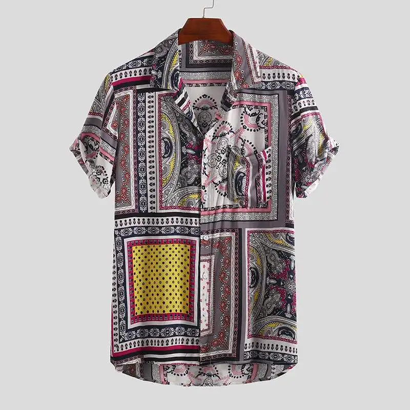 Summer Vintage Ethnic Style Men Shirt Loose Printing Button High Quality Short Sleeve Vacation Beach Hawaiian Shirts Camisa