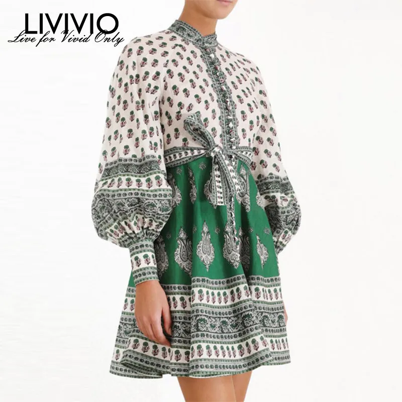 

[LIVIVIO] Vintage Floral Print Long Lantern Sleeve Sash Waisted Elegant Female Mini Dresses Women 2019 Autumn Fashion Clothing
