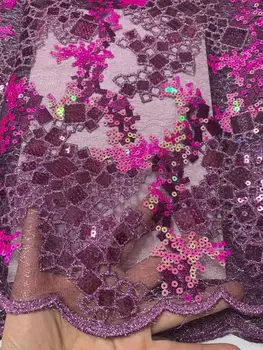 

wow excellent Rich lace super shiny African French lace Nigerian garment clothes fabric with allover sequins Purple 5 yards Soft
