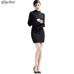 Qlychee женские Модные бисера кисточкой Bodycon рукава в винтажном стиле, с длинным рукавом платье в полоску с заклепками в богемном стиле Vestidos