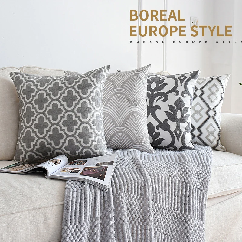 

Gray Embroidered Home Decor Cushion Covers For Sofa Seat 45x45cm Nordic Style Geometric Floral Canvas Cotton Throw Pillow Cases