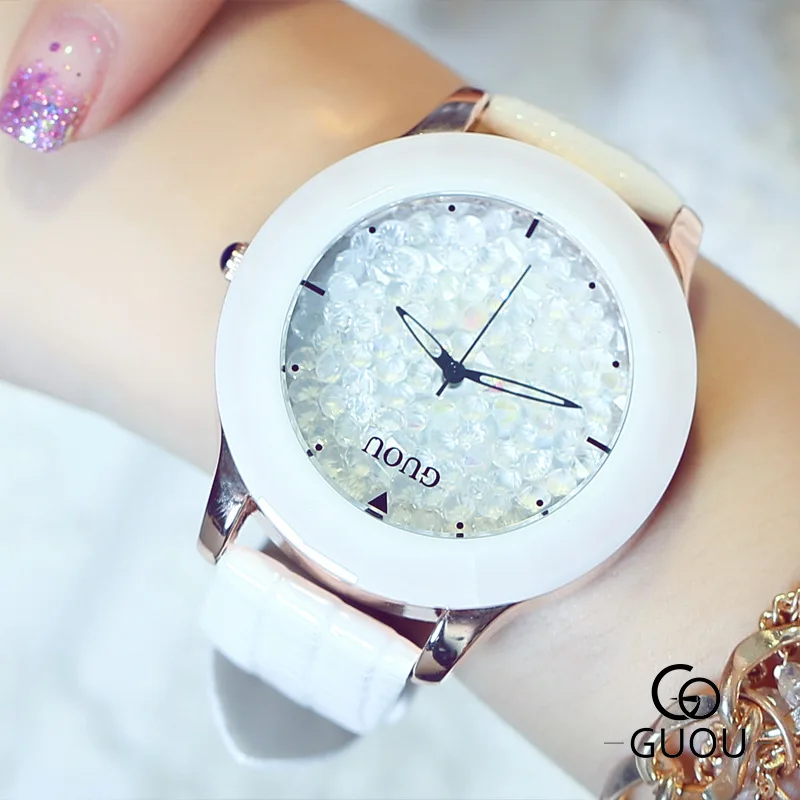 GUOU брендовые модные женские кварцевые часы с кристаллами Reloj Mujer Relojes Роскошные