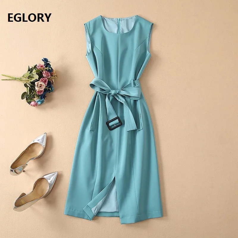 

New Princess Kate Dress 2019 Summer Fashion Style Women O-Neck Split Front Sleeveless Mid-Calf Bodycon Sheath Dress Office Lady