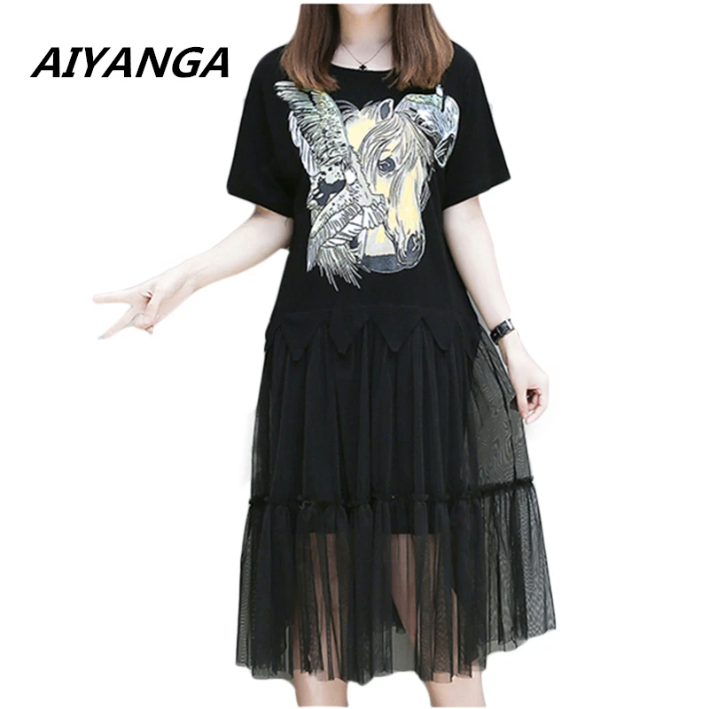 

XL-5XL Women casual loose dress patchwork mesh sexy black cool fashion print short sleeve plus size dresses for woman summer