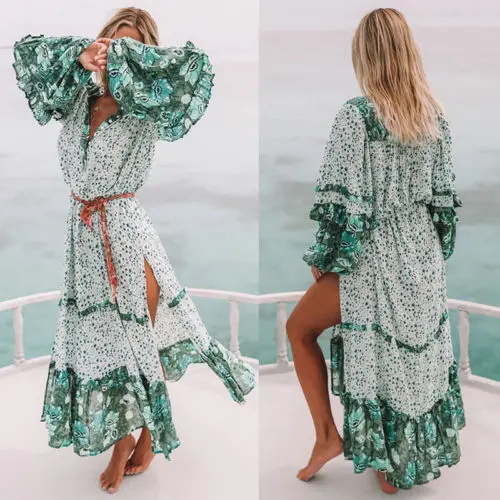 

NEW Women's Floral Long Maxi Boho Dress Summer Ladies V-Neck Tassels Chiffon Loose Sundress Vestidos Party Beach Holiday Dresses
