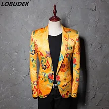 Мужские пиджаки Золотой желтый принт повседневное пальто мужской свадебный пиджак жениха верхняя одежда певица звезда Compere шоу сценический костюм