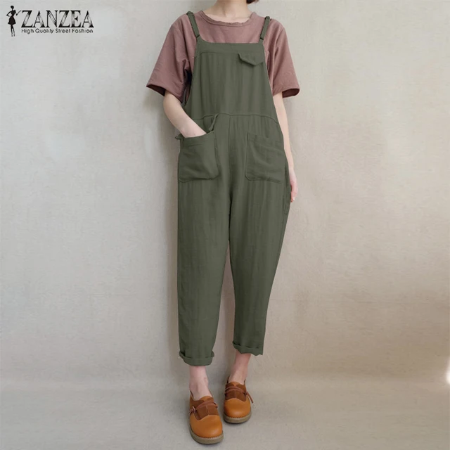 Fashion Women Jumpsuits ZANZEA Vintage Strappy Pockets Solid Long Rompers Casual Loose Cotton Linen Dungarees Bib Overalls 2018 1