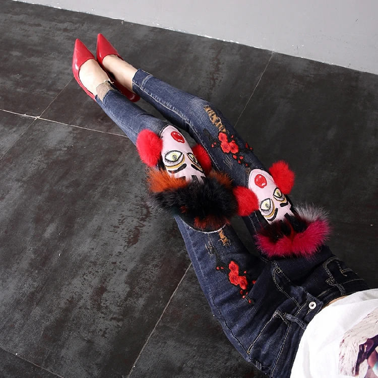 

2018 New Korean Fashion Slim Women Jeans Cartoon Embroidery Women's Skinny Trousers Denim Pants Full Length Female Pencil Jeans