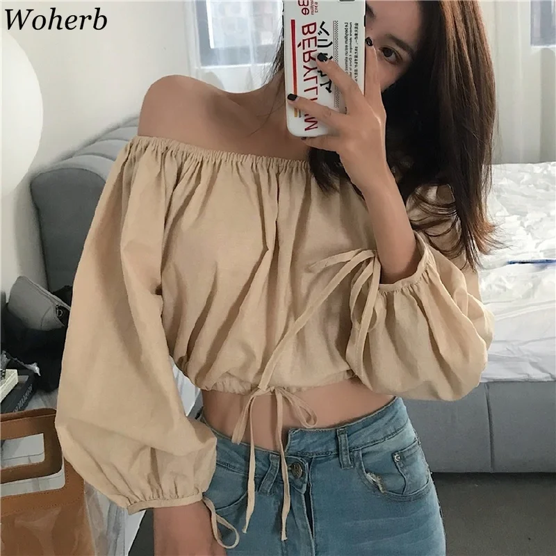 Женский укороченный топ Woherb винтажная Облегающая рубашка с открытыми плечами и