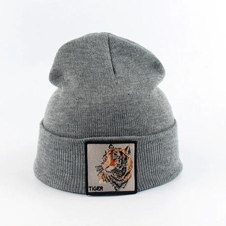 Новая модная мужская шапка с вышивкой в виде животного волка, зимние шапки, вязаные шапки для мужчин, уличная одежда в стиле хип-хоп, шапка Skullies - Цвет: tiger gray
