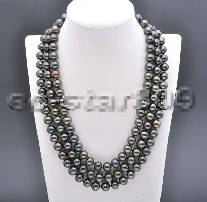 

Free shipping hot sale Women Bridal Wedding Jewelry >>3row 20" 11mm Black Round Freshwater Cultured Pearl necklace