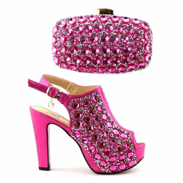 

Italian Ladies Shoes and Bag To Match Set Nigerian Shoes and Matching Bag With Fuchsia Crystal African Wedding Shoes and Bag Set