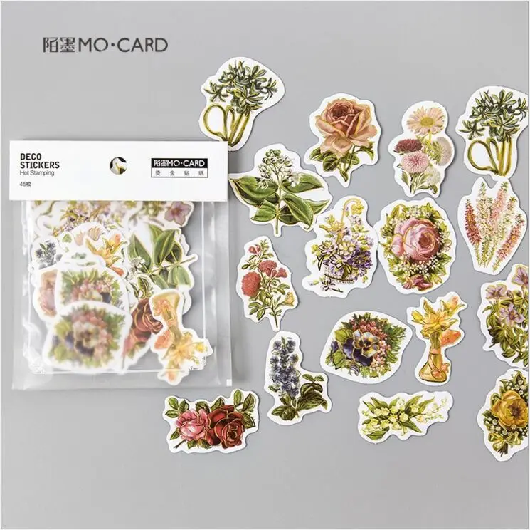 

45Pcs/pack Retro Blossoming Flowers Gold Gilding Hot stamping Decoration Sticker DIY Planner Scrapbook Index Phone Album Sticker