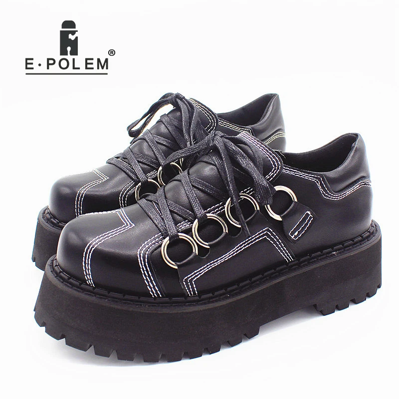 

E.POLEM Fashion Genuine Leather Thick Platform Shoes Female British Round Toe Lace Up Boots Shoes Harajuku Punk Shoes