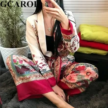 GCAROL 2019 Ранняя весна Зубчатый воротник для женщин наборы для ухода за кожей цветочный блейзер пояса винтажная куртка эластичный пояс широкие брюки