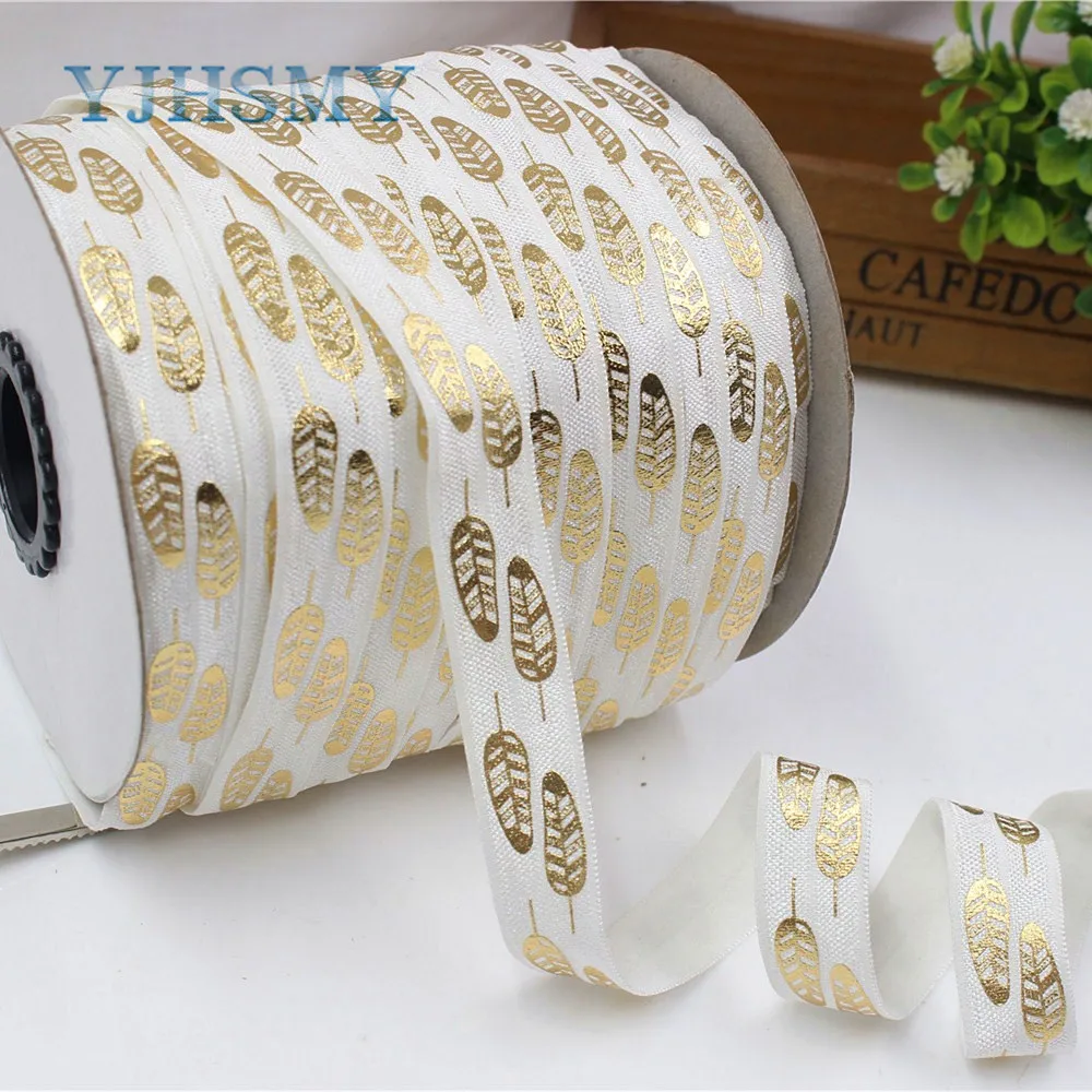 

YJHSMY E-17628-363,16 mm Gold foil leaves Bronzing printing elasticity Ribbon,10 yards DIY handmade hair accessories material