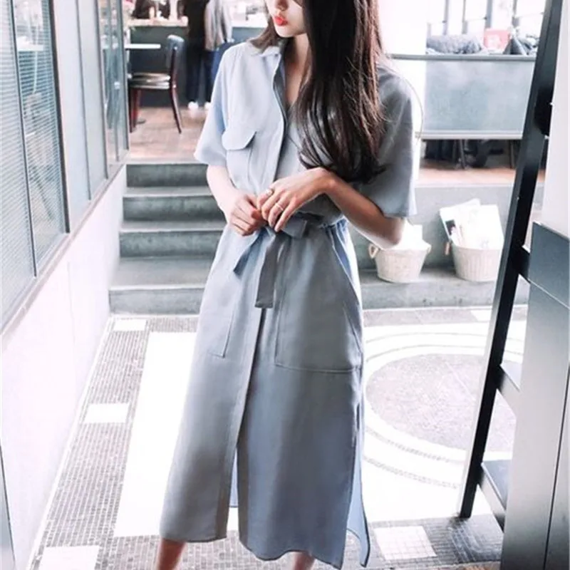 Free Shipping 2018 Hot European Style New Spring and Summer Short-sleeved Shirt Dress Slit Dress for Women Dress Female Vestidos