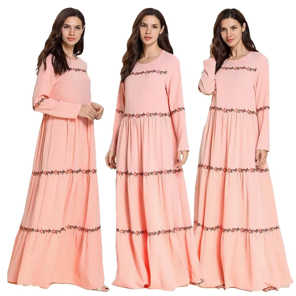 

New Embroidery Abaya Kaftan Women Long Maxi Dress Muslim Party Robe Islam Gown Elegant Arab Dress Middle East Ramadan Pink M-4XL