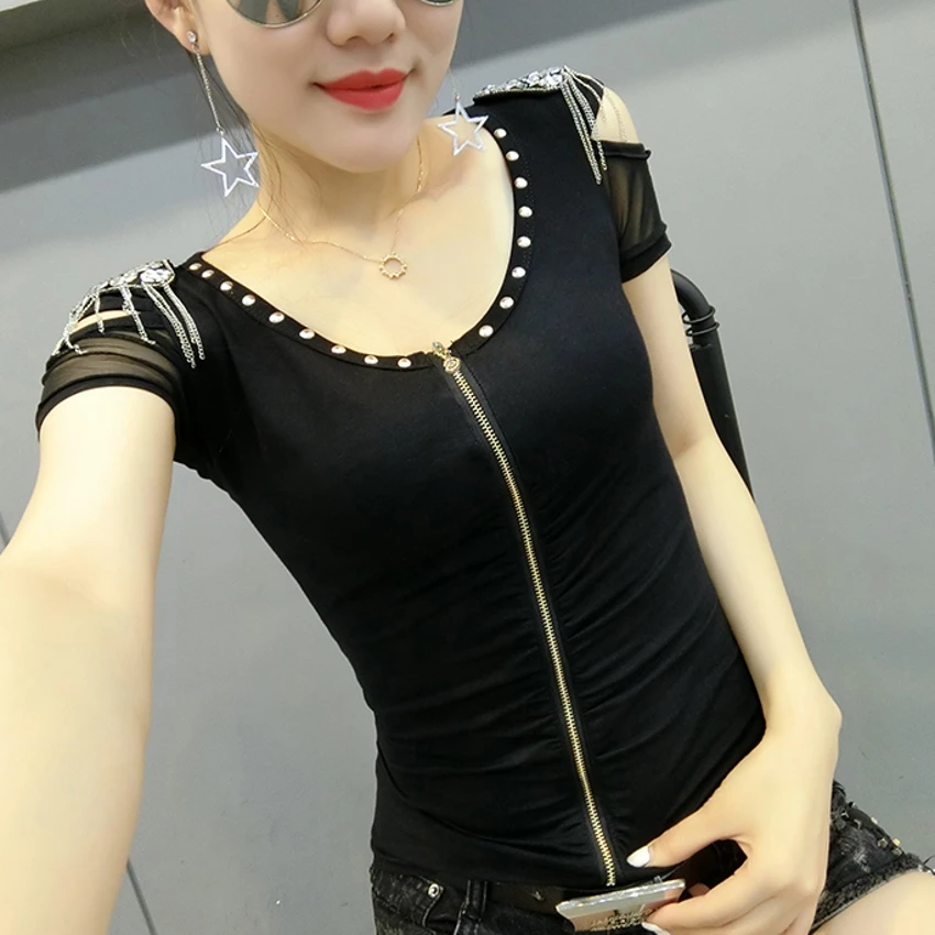 

Sexy Hollow Out Tshirt O-Neck Zipper Cardigan 2019 New Summer Women Shoulder Board Short Sleeve Top Shirt Camiseta Mujer T94104L