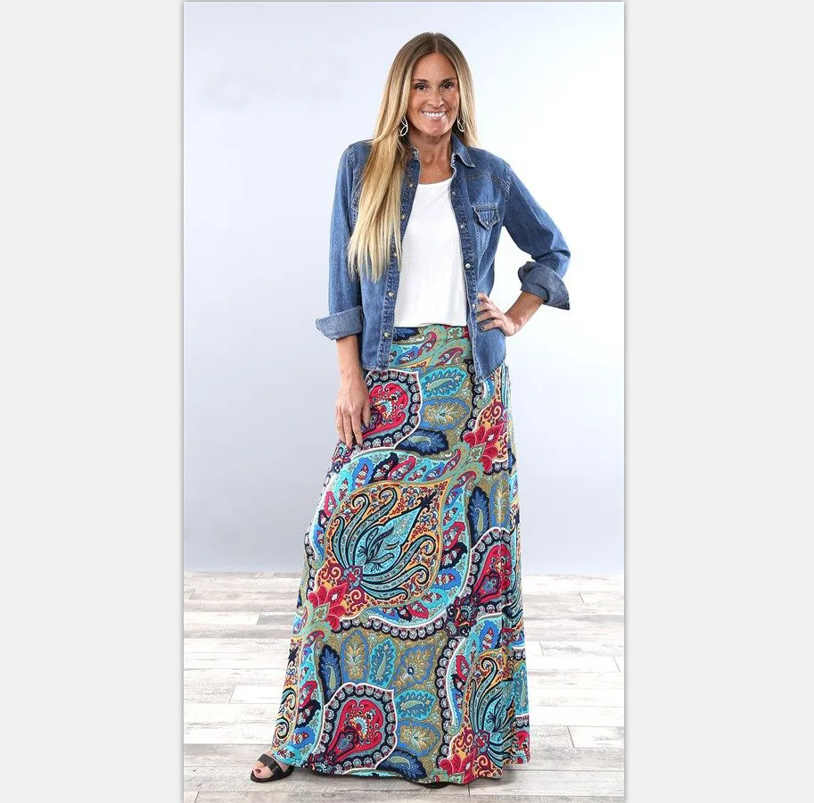 

TUHAO Bohemian Women's Skirts Plus Size 3XL 2018 Spring Summer Fashion Floral Print Long Skirts Casual Ladies Skirt LM45