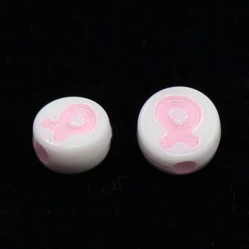 

8x4mm Dyed Style Acrylic Flat Round Beads for jewelry making with Breast Cancer Pink Awareness Ribbon Spacer Bead