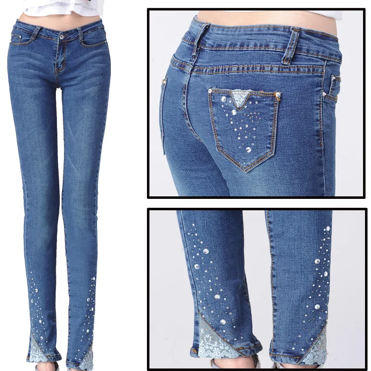 

Denim Time-limited Skinny Mid Stripe Cotton Women Jeans 2015 New Spring Light-colored Jeans Women's Rhinestone Feet Pencil Pants