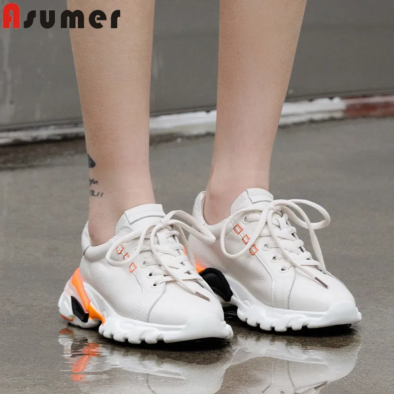 

ASUMER 2019 snew shoes woman casual lace up cow leather shoes women Hot Luxury Dad Shoes Sneakers Flat platform shoes women