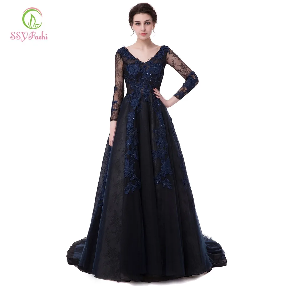 

Clearance Evening Dress Bride Luxury Navy Blue Lace Flower V-neck Long Sleeve Sexy Long Tail Prom Dresses Party Gown