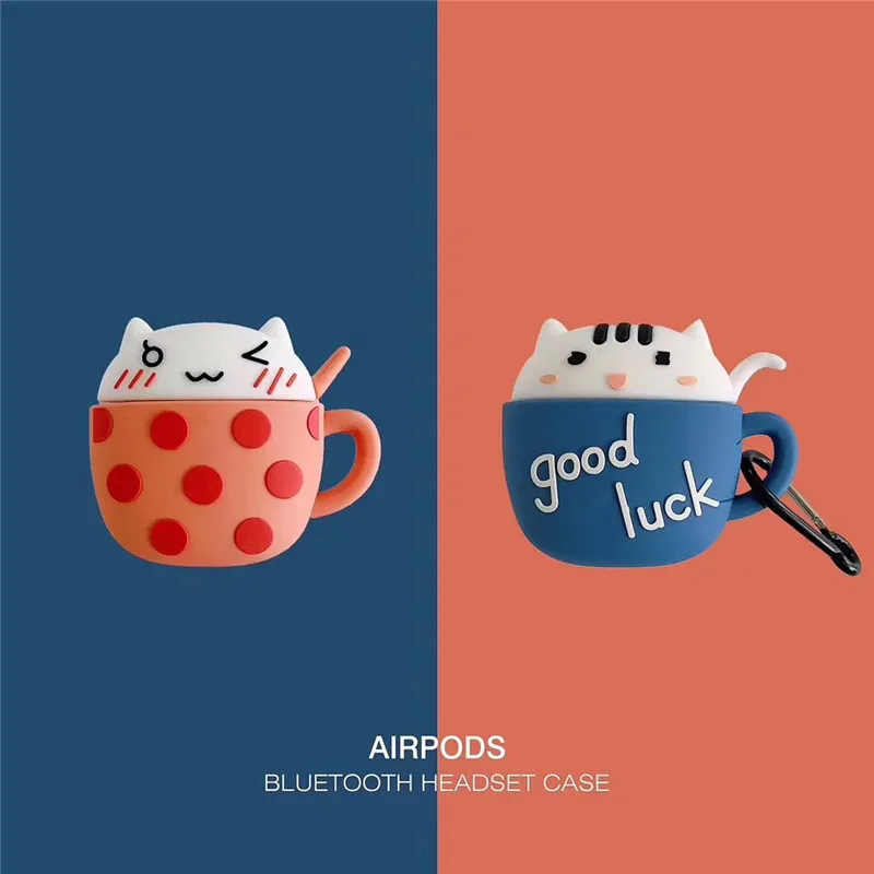 

Cartoon mug cat For airpods case cute wireless Bluetooth headset set For airpods 1/2 case silicone carabiner protection box