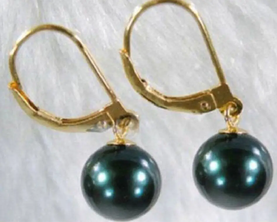 

free shipping CHARMING BLACK SOUTH SEA PEARL DANGLE EARRING 9-10 MM 14k/20 YELLOW GOLD MARKED