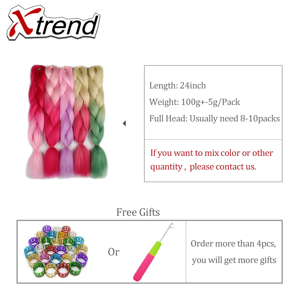Xtrend Synthetic 3PCS Black Green Ombre Braiding Hair Extensions 24'' Jumbo Braids Crochet Hair For Women High Temperature Fiber