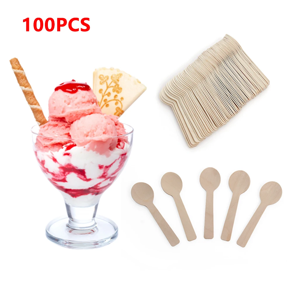 100Pcs/pack Disposable Wooden Ice Cream Spoon Mini Wood Dessert Scoop